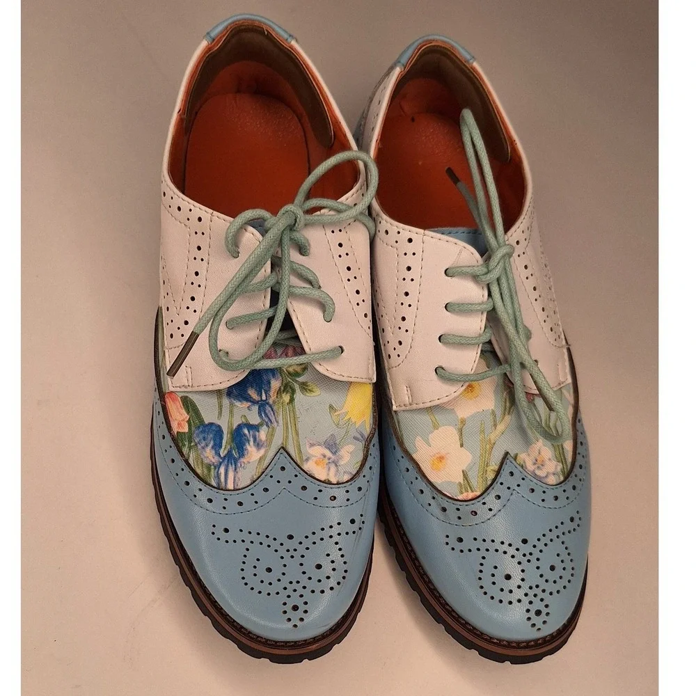 Floral Wingtip Oxford Shoes Pastel Blue White Leather Brogue Lace Up Size 36